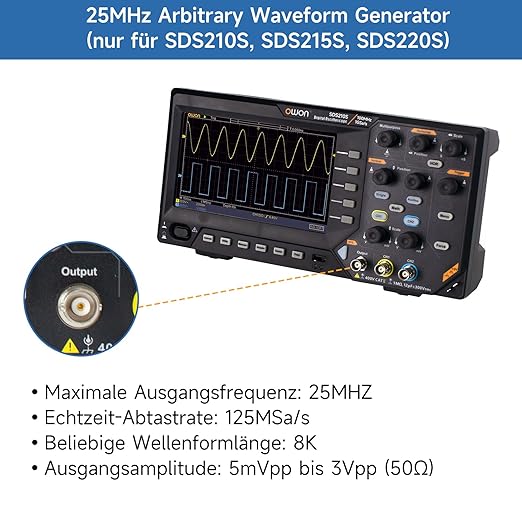 OWON Digital Oscilloscope with Dual-Channel Channels and Screen 7 inch, TFT-LCD Display, Portable Oscilloscope with 1GS/s Sampling Rate, Bandwidth 100MHz,8K Waveform Length,SDS210S