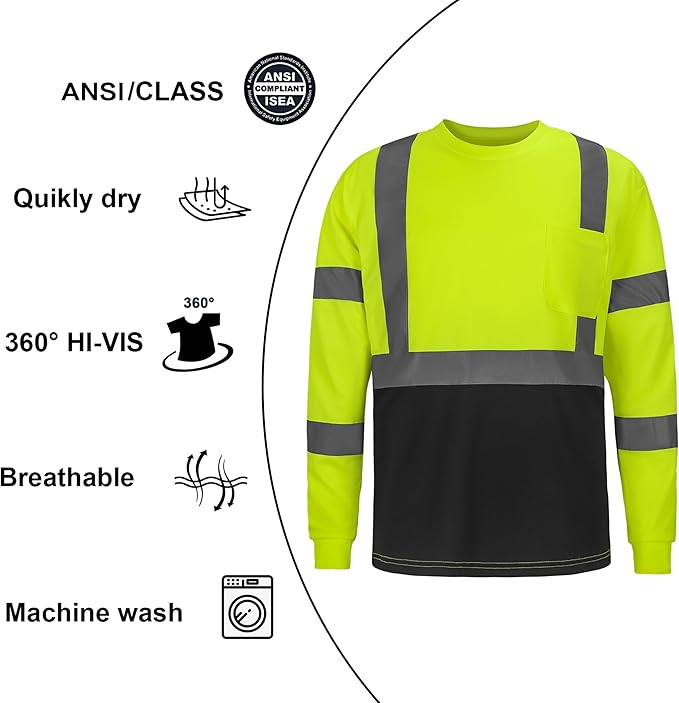 High Visibility Class 3 T Shirts，Hi Vis Safety Shirts with Reflective Strips and Pocket, Long Sleeve Quick Dry Mesh Construction Work Shirt for Men/Women Black Bottom Lime,Medium