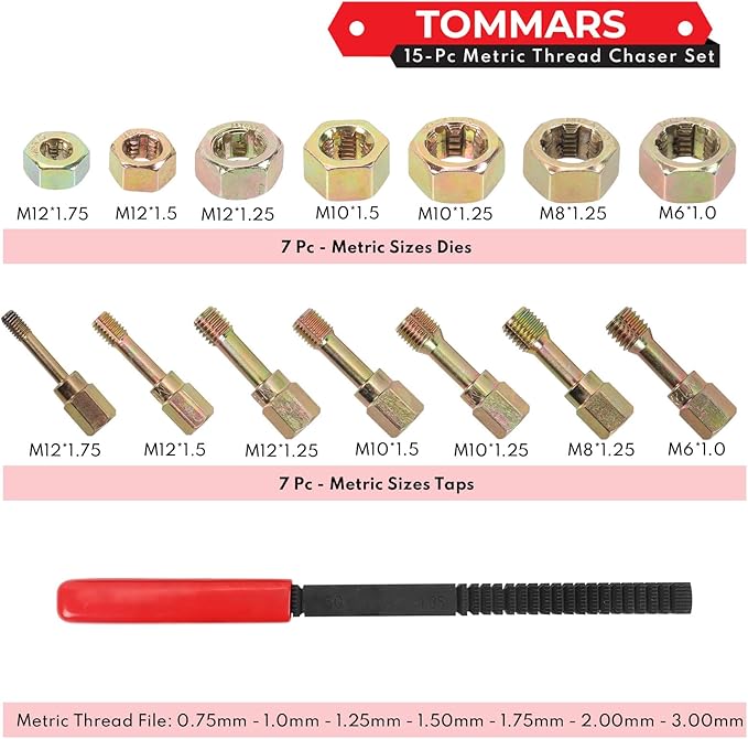 TOMMARS 15-Piece Metric Thread Chaser Set, M6 M8 M10 M12 Thread Restorer Tool Rethreading Repair Kit