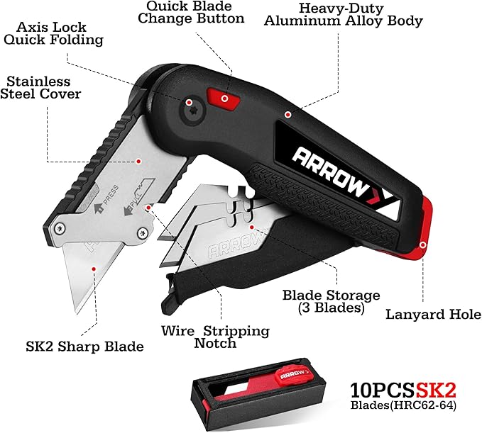 ARROW Utility Knife with Blade Storage Design, Quick Change Box Cutter, Speed Release Folding Knife with Belt Clip and Landyard Hole, Extra 13 Pieces SK2 Blades Included