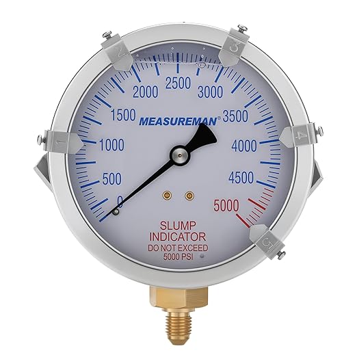MEASUREMAN Concrete Pump Slump Indicator Gauge, 4 Inch Dial, 0-5000 PSI with 5 Adjustable Target Pointers, Glycerin Filled, 304 Stainless Steel Case, 7/16-20UNF Lower Mount