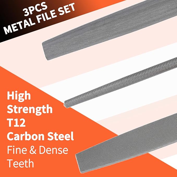 KUZURYU 3-Piece File Set for Metal | Includes Flat/Half-Round/Round | T12 High Carbon Steel Files | 8" Rasp Kit for Home Repair, Workshop & Industrial Use
