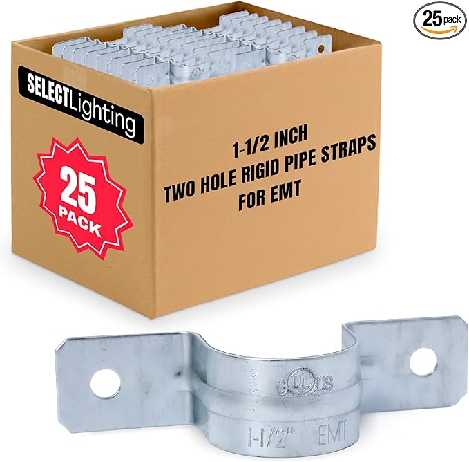 SELECT 25 Pack Lighting 2 Hole 1-1/2 Inch Rigid Pipe Straps for EMT, Heavy-duty Zinc-Plated Steel Clips with Reinforced Rib, Conduit Strap for Pipes, Cables, and Tubes, Snap-On Installation