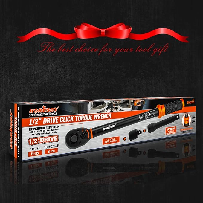 HORUSDY 1/2-Inch Drive Click Torque Wrench Set – 10–170 ft-lb / 13.6–230.5 Nm, ±3% Precision, Dual Scale, 72-Tooth Reversible Head with 5" Extension & Adapter for Car, Tire, and Motorcycle Use