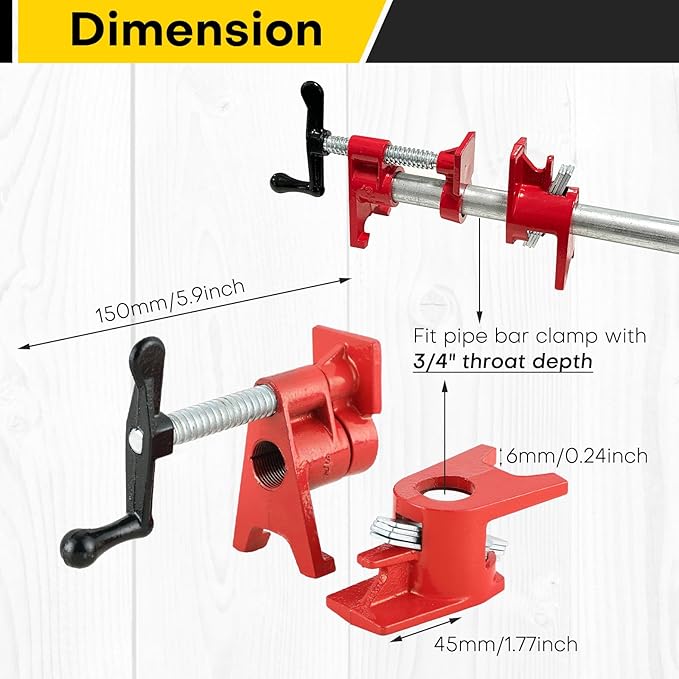 3/4" Wood Gluing Pipe Clamp Set | Professional Woodworking and Metalworking Clamps Tools with Unique Foot Design for Frame Assembly, Quick Release and Precision Gluing (4Pack, 3/4")