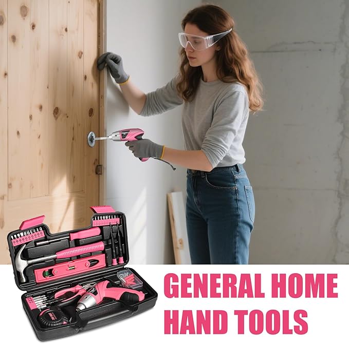 Pink Household Tool Set with 3.6V USB Electric Screwdriver, 112 PCS Home Tool Kit with Cordless Lithium-ion Drill Driver, Hand Tool Kits for Women