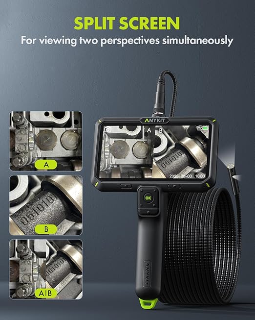 Anykit Endoscope Camera with Light,1080P Dual Lens Endoscope，6" IPS Screen Borescope, Plumbing Snake Inspection Camera with Split Screen, 32GB Card, Plumbing Snake Camera for Home (16.5FT)