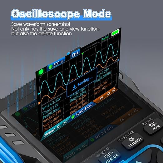 3 in 1 Handheld Oscilloscope Multimeter DDS Generator with 2 Channels, 10000 Counts, 10MHz Bandwidth, 50MSa/s Sampling Rate, AC/DC, Voltage, Current, Capacitance, Resistance, Diode, Continuity Test