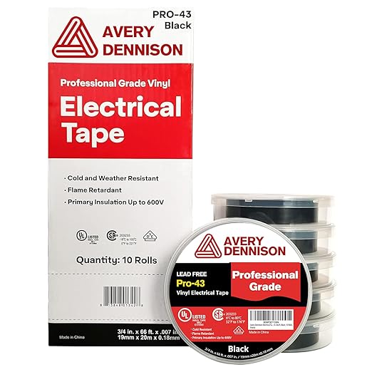Avery Dennison Electrical Tape, 10 Rolls Professional Grade PVC Electric Tape, UL/CSA Listed ¾ in x 66 ft Insulating Vinyl Tape for Electrical, Repairs, Automotive and Equipment, Pro-43, Black