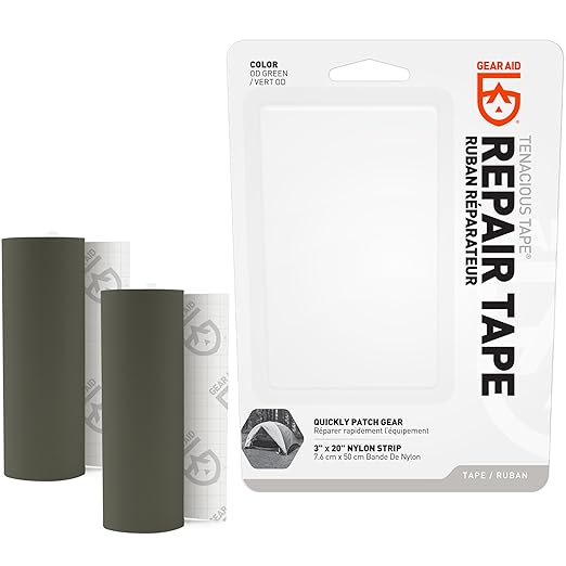 GEAR AID Tenacious Tape 3”x20” Fabric and Vinyl Gear Repair Tape, Quickly Fix Holes and Rips in Puffy Jackets, Rain and Snow Gear, Tents, Sleeping Bag and More, OD Green, 2 Pack
