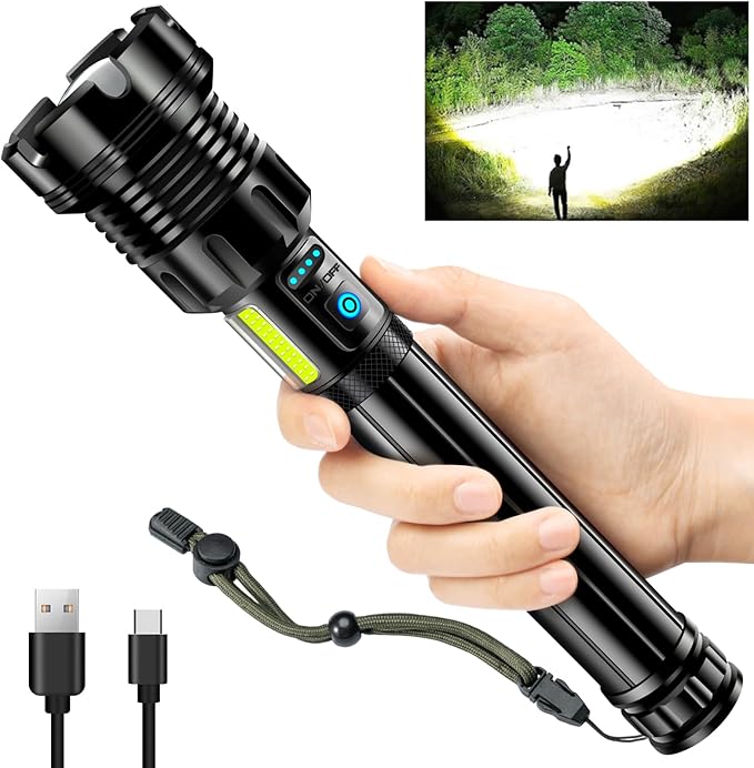 9000 High Lumens Flashlight Rechargeable with COB Work Light Super Bright LED Flashlights Heavy Duty&14 Modes &Waterproof Tactical Powerful Flashlight for Emergencies,Camping,Hiking,Outdoor,Indoor