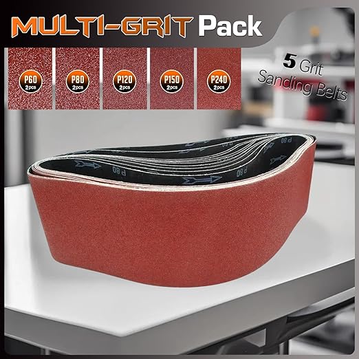KonaFlex Sanding Belts 10 Pack 6x48 Inch Belt Sander Paper Aluminum Oxide with 60/80/120/150/240 Grits for Woodworking, Paint Sanding, Metalworking, Rust Removal