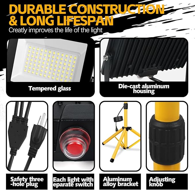 Work Lights with Stand, 21000 Lumen, 2 Adjustable Heads LED Work Lights, with Adjustable and Foldable Tripod Stand, Waterproof Lamp with Individual Switch with 6500 Kelvin Color Temperature (2-Heads)