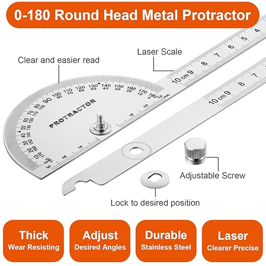 Angle Protractor Angle Finder Ruler Two Arm Stainless Steel Protractor Woodworking Ruler Measure Tool with 0-180 Degrees(10 cm/ 3.94 Inch)