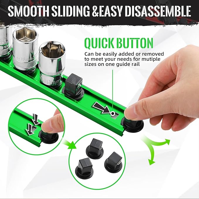 Magnetic Socket Organizer, 3-Piece Heavty Duty Aluminum Socket Holder, Socket Rail for Tool Box, Premium Quality 360° Swivel Socket Rack with 42 Clips for 3/8-Inch(Green)
