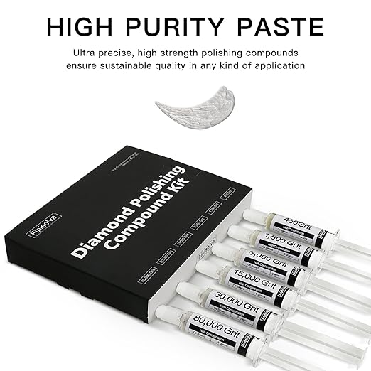 Diamond Polishing Compound Kit of 6 Polishing Lapping Paste 80,000 to 450 Grit for Glass Watch Marble Metal Resin Rock Jewelry Etc. with High Concentration of Diamond Powder Scratch Remover Repair