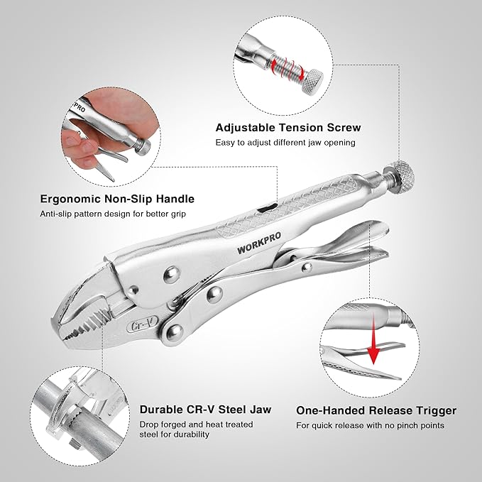 WORKPRO Locking Pliers, 7-inch Curved Jaw Vice Grips pliers, Chromium-Vanadium Steel Locking Pliers with Wire Cutter, Locking Adjustable Vise Grips for Clamping Twisting Welding