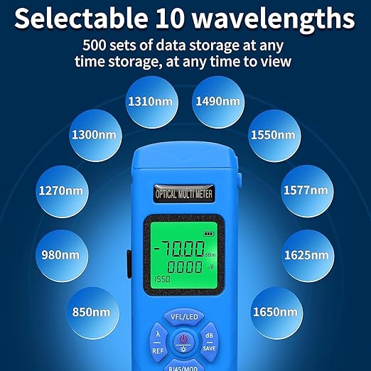 Rechargeable Optical Power Meter L-C70-15km mini Fiber Cable Tester Suitable for SC/FC/ST/LC Interface 4-in-1 Function Built-in 15km Visual Fault Locator RJ45 Network Testing with 1 FC-LC Adapter