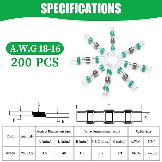 200PCS Solder Seal Wire Connectors Green 18-16 AWG, Marine Grade Self Soldering Heat Shrink Wire Connectors Waterproof Insulated Electrical Butt Splice Wire Terminals for Automotive Boat Truck