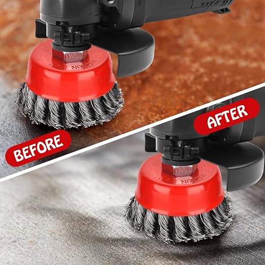 4 PCS Wire Wheel Brush for Angle Grinder, 4” Wheel Brushes, 3” Cup Brush Set for 4 1/2 Grinders, 5/8 -11 Threaded Arbor, 0.020In Twisted Knotted Carbon Steel for Removal Rust