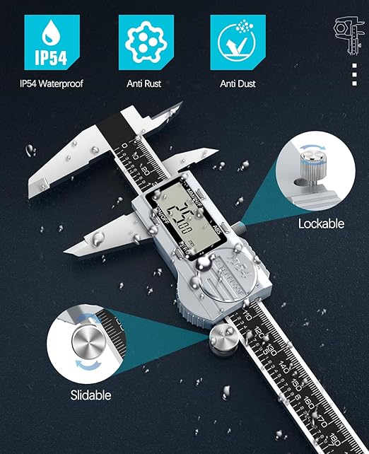 Digital Caliper, (ABS) Absolute Scale Caliper 8in, IP54 Electronic Measuring Tool, Inch/MM/Fraction, Auto-Off LCD Stainless Steel Waterproof Micrometer Vernier Caliper, with Feeler Gauges
