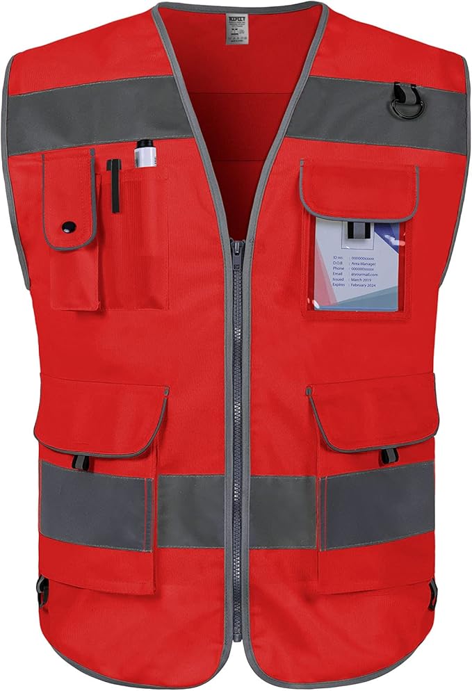 TCCFCCT Reflective Vest 9 Pockets High Visibility Safety Vest for Men Women, Hi Vis Construction Vest with Reflective Strips, Meets ANSI/ISEA Standards, (Red, Small)