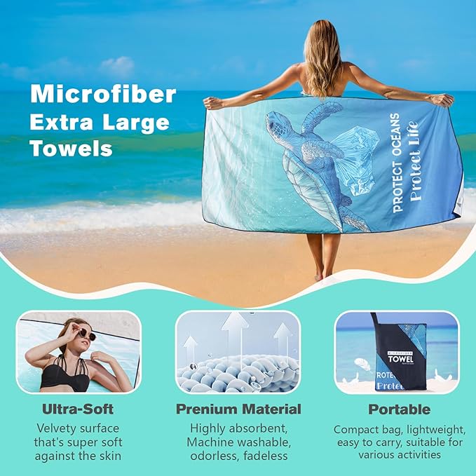 Protect Sea Animals Beach Towel Oversized 36" x 72", Thin Lightweight Sand Free Quick Dry Microfiber Towel for Swimming Pool Cruise Camping Travel