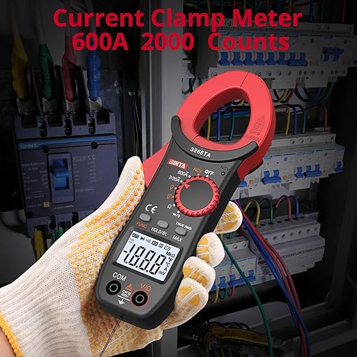 BINTA Digital Clamp Meter, Multimeter 2000 Counts with Auto Range NCV TRMS, 600A AC Amp clamp multimeter with Ohm Measures, Capacitance Resistance Diodes, 2PCS Alligator Clips