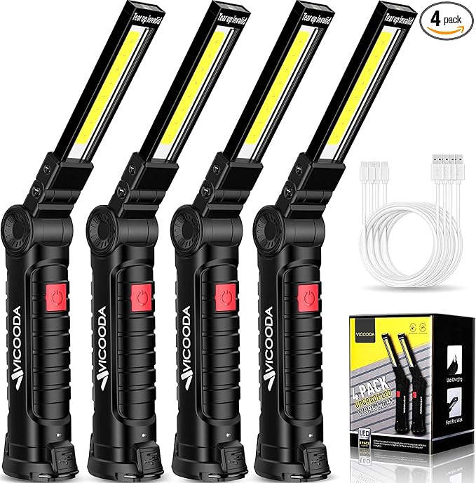 LED Rechargeable Work Light with Magnetic Base, Hanging Hook, 360° Rotate, 5 Modes, USB Portable Mechanic Light for Car Repair, Grill, Outdoor, Emergency, Tight Spaces (4 Pack)
