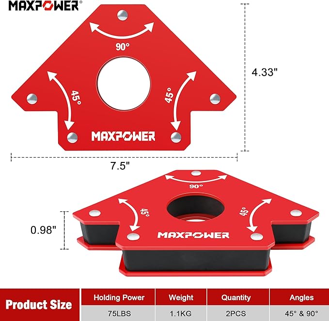MAXPOWER Welding Magnets, 2-piece Welding Magnet Set, 75 LBS Holding Power Welding Accessories, 45° and 90° Angle Welding Magnet Holder for Welding Work