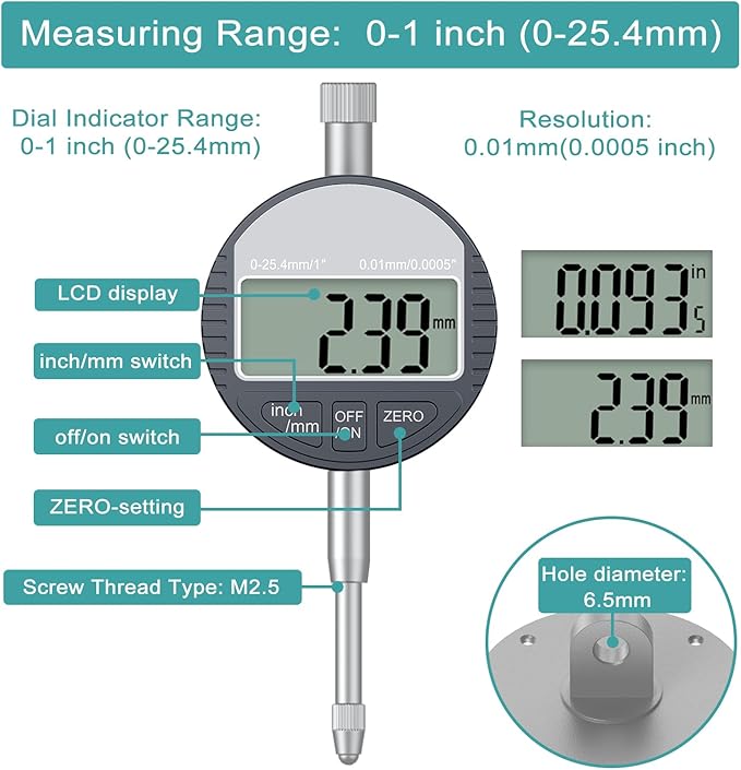 HDLNKAK Table Saw Digital Dial Indicator Gauge, for Aligning and Calibrating Work Shop Machinery Like Table Saws, Band Saws and Drill Presses