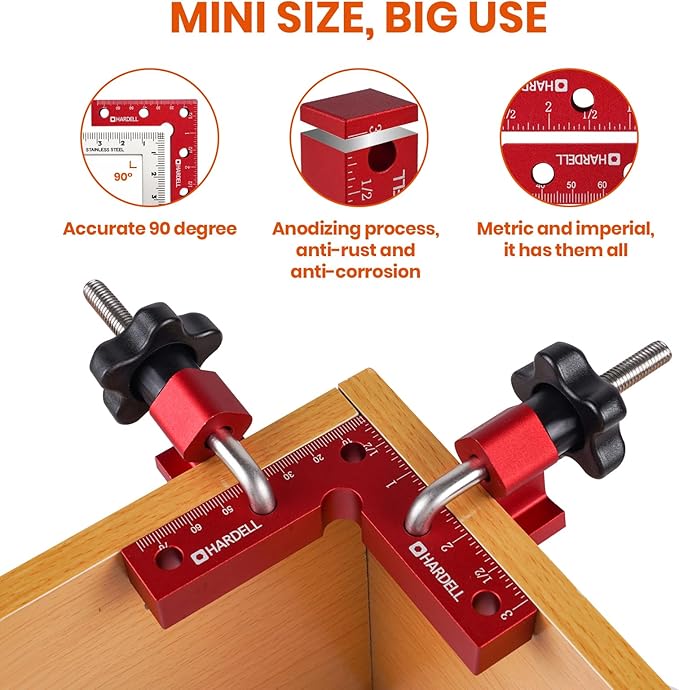 HARDELL 90 Degree Positioning Squares, Right Angle Clamps 3''/80mm Aluminum Alloy Woodworking Carpenter, Corner Clamping Square Tool for Picture Frame Box Cabinets Drawers (4 PACK), HDAC0408