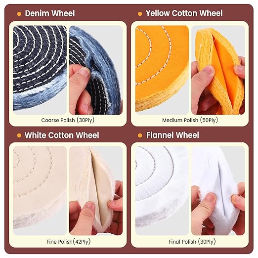 8PCS 6 Inch Buffing & Polishing Wheel Kit for Bench Grinder, 1/2" Arbor Hole, Denim/Yellow/White/Flannel Polishing Wheels with 4 Buffing Compound Set,Polishing Rouge Bars