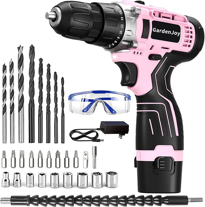 GardenJoy Cordless Power Drill Set: 12V Electric Drill with Battery and Charger, 2 Variable Speed,