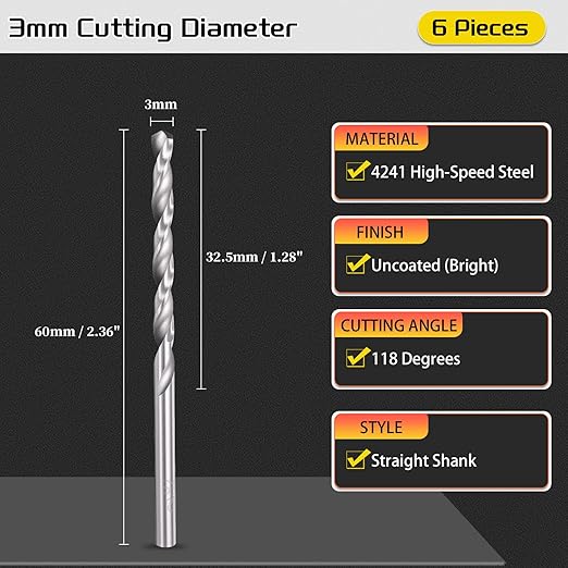 Drill Bit, 3mm Cutting Diameter, 4241 HSS 118° Cutting Angle Uncoated Bright Versatile Jobber Bits - (Applications: for Drilling Plastic Wood Soft Metal), 6-Pieces