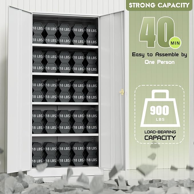 SUNCROWN 72" Metal Storage Cabinet - Heavy-Duty Metal Garage Cabinet with 4 Adjustable Shelves & 2 Doors for Tools, Office, Home, Workshop,White