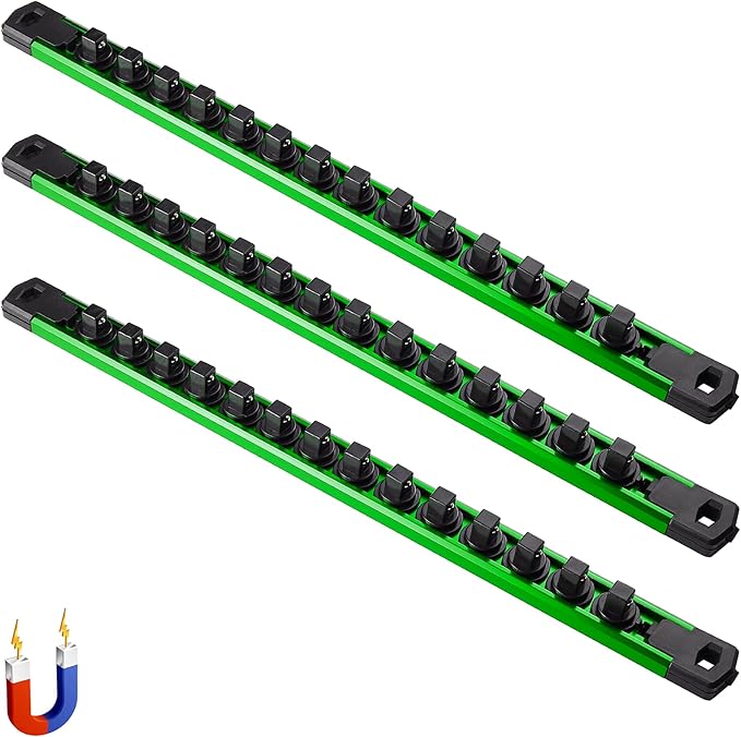 ALOANES 3-Piece Magnetic Socket Organizer, Heavy Duty Aluminum Socket Rails Organizer, 360° Swivel Clips Socket Holder Kit for Tool Box, 3/8-Inch Socket Holder x 42 Clips (Green)
