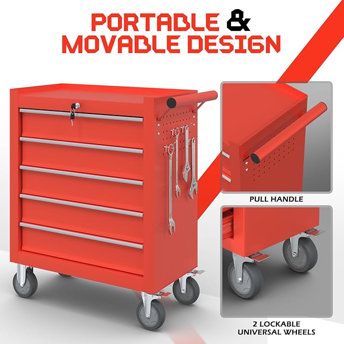 5-Drawer Rolling Tool Box, Metal Tool Chest with Wheels and Locking, Portable for Warehouse, Garage, Repair Shop, Workshop (Red, 5-Drawer)