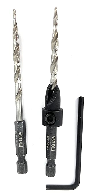 FTG USA Adjustable Wood Countersink Drill Bit #8 (11/64") with 1 Tapered Drill Bit for Woodworking