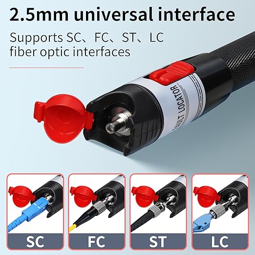 Rechargeable Visual Fault Locator 50KM VFL Fiber Optic Tester Suitable for SC/FC/ST 2.5mm Interface LC 1.25mm Interface Belt 1 FC-LC Single Mode 9/125um Adapter of Fiber Optic Network Cable Test Pen