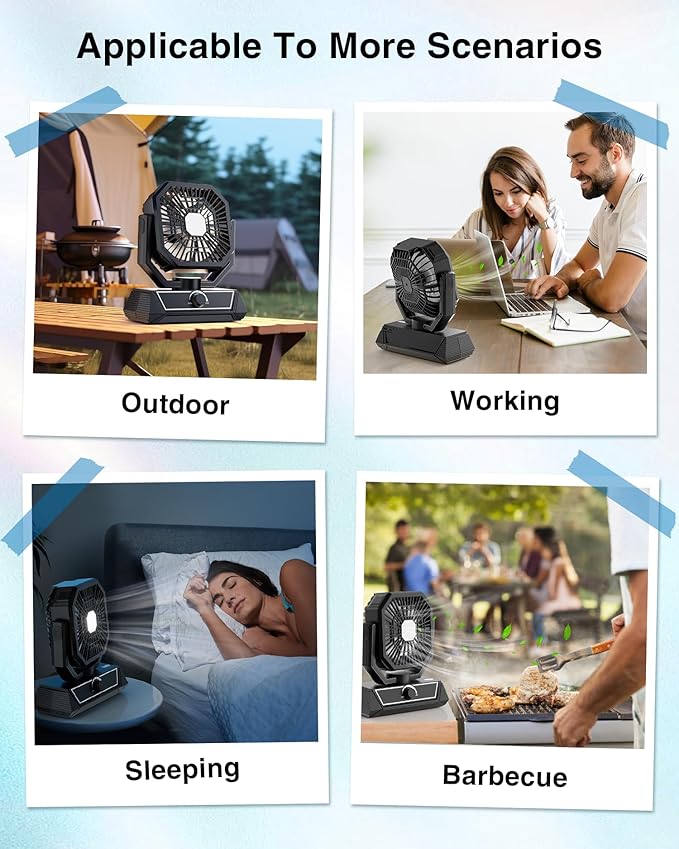 Portable Camping Fan with 20000mAh Rechargeable Battery, USB-C Battery Powered Fan for Indoor Outdoor Use, Ultra Quiet Battery Operated fan for Travel, Tent, Beach, Picnic, BBQ, Desk, Home