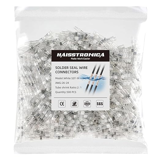 500PCS White Solder Seal Wire Connectors AWG26-24,haisstronica Marine Grade Waterproof Solder Wire Connectors,Heat Shrink Butt Connectors,Insulated Butt Splice Electrical Connectors
