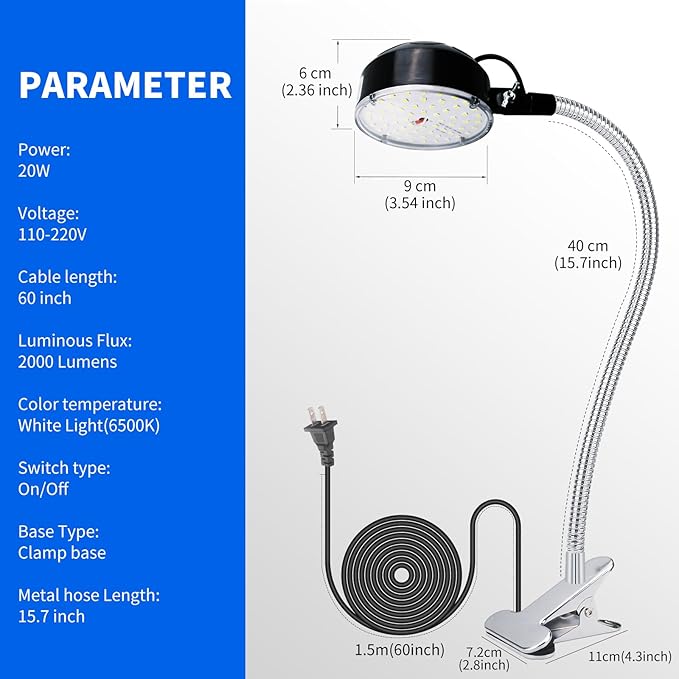 20W Clip on Light, LED Work Light with Flexible Gooseneck and Clip Base, Shop Tool Lamp for Lathe, Work Bench, Sewing Machine, Industrial Lighting, Small Areas Bright Lights, 2000 Lumens