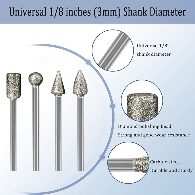 Stone Carving Set Diamond Burr Bits Compatible with Dremel, 20PCS Polishing Kits Rotary Tools Accessories with 1/8’ Shank for Carving, Engraving, Grinding, Stone, Rocks, Jewelry, Glass, Ceramics