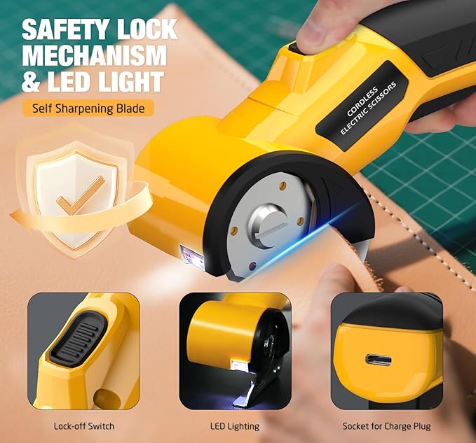Cordless Electric Scissors,4V Rechargeable Cardboard Cutter Heavy Duty Scissor with Safety Lock & LED Light for Box Carpet Plastic Fabric(Yellow）