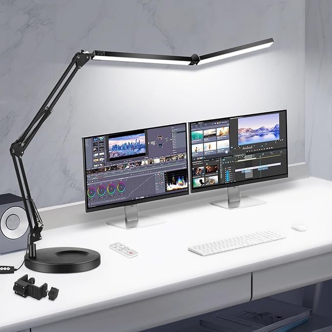 Toolour LED Desk Lamps for Home Office 2 in 1 Double Head Desk Lamp with Clamp Base,Remote Control,Dimmable Architect Clip on Desktop Computer Light Bar with Memory for Workbench Darkroom