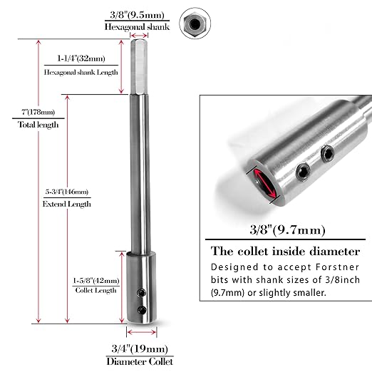 ASNOMY 7Inch Extra Long Forstner Bit Extension for Adding Over 5-3/4 inches of Drilling Depth to Your 3/8" Round or Hex Shafts Forstner Bit