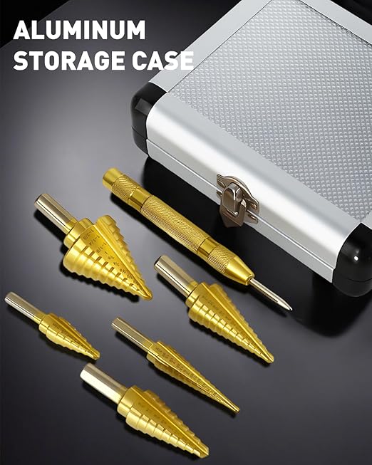 COMOWARE Step Drill Bit Set 5-Piece Titanium-Coated with Automatic Center Punch HSS- Covering 50 Sizes, Complete with Aluminum Case