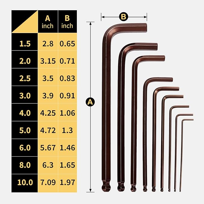 Metric Hex Key Ball End S2 Alloy Bronze – 9PCS Metric Allen Wrench Set, S2 Steel, 1.5–10mm, 6.7in, for High Torque Jobs, DIY Repairs, Bike & Machine Maintenance