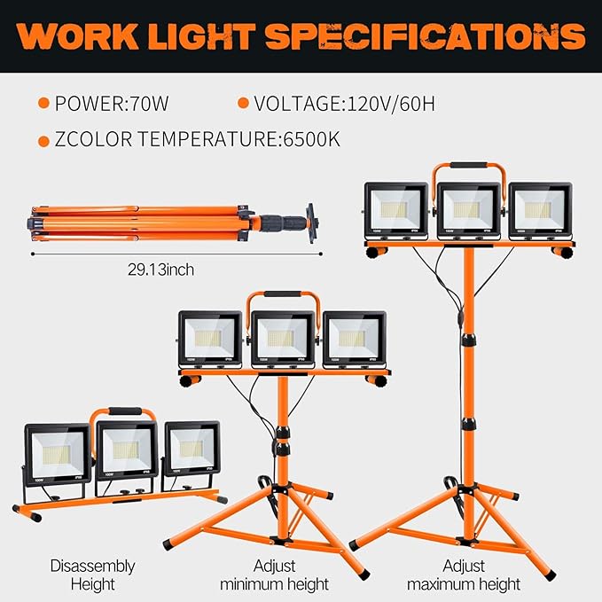 21000 Lumen Work Lights with Stand, 3 Adjustable Head LED Work Light, with Adjustable and Foldable Tripod Stand, Waterproof Lamp with Individual Switch with 6500 Kelvin Color Temperature